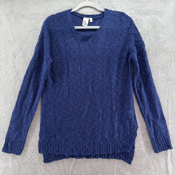 Oh MG Sweater L Blue Knit Crew Neck Pullover Long Sleeve Side Slit Beach - Picture 1 of 16